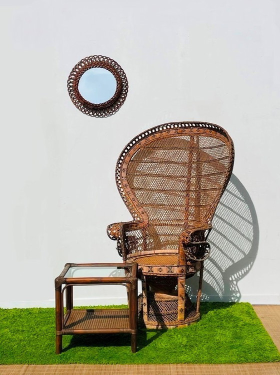 Image 1 of Fauteuil XL Peacock « Emmanuelle » en rotin. Vintage années 70.
