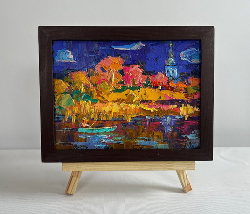 Original Oil Painting Autumn River Landscape Autumn evening by the river