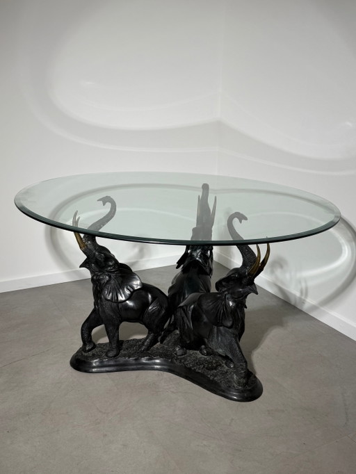 Vintage Bronze Elephant Trio Dining Table with Round Beveled Glass Top – Regency Style – 130 cm – salontafels