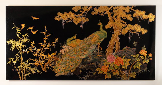 Image 1 of Large Hand-Painted Asian Lacquer Panel