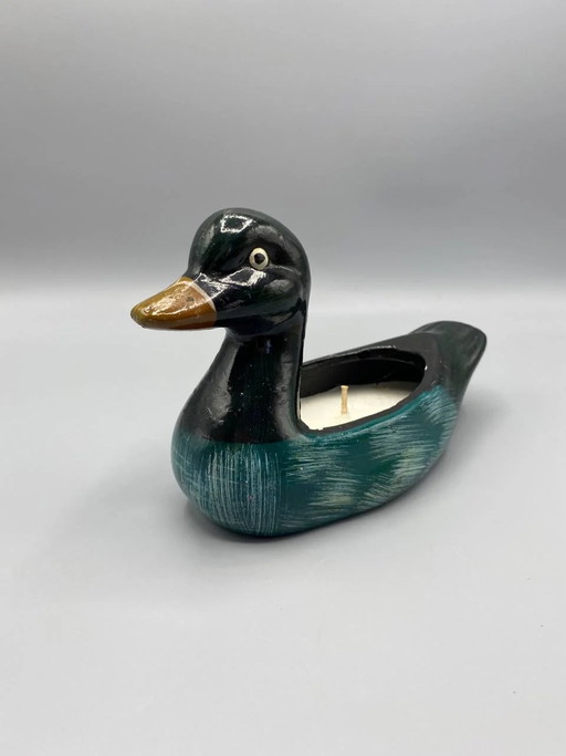 Candela decorativa a forma di anatra selvatica intagliata nel legno dipinto. – decoratieve objecten, Wood