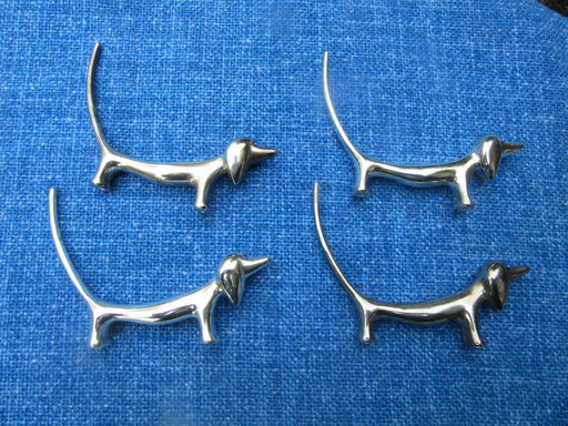 4 Silver Plated Knife Rests Dachshund Dog Long Blue Eyes Tail vintage