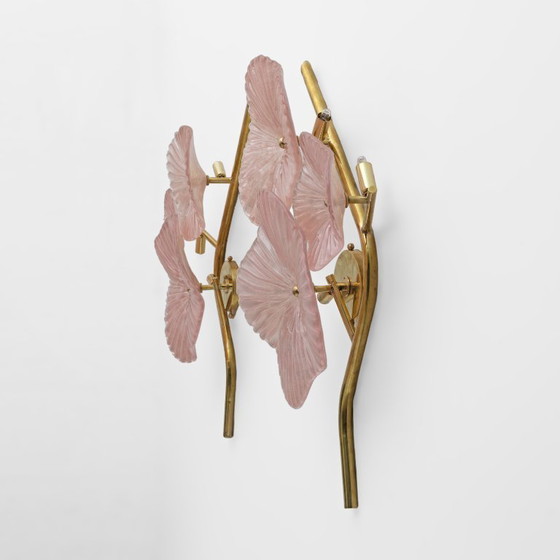 Image 1 of Pair of Modern Murano Artistic Glass Pearly Pink and Brass Sconces