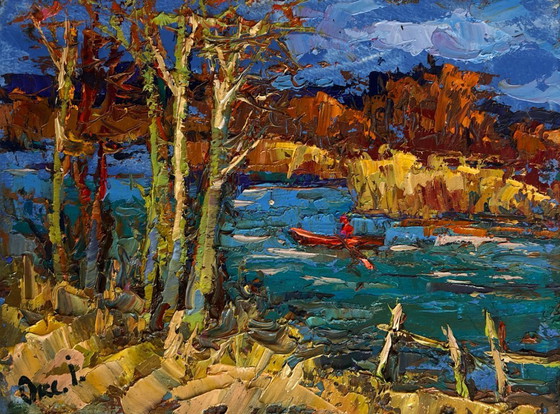 Image 1 of Original Oil Painting Autumn River Landscape Autumn river waters