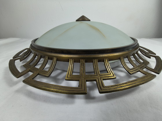 Image 1 of Vintage ceiling lamp with glass shade and metal frame