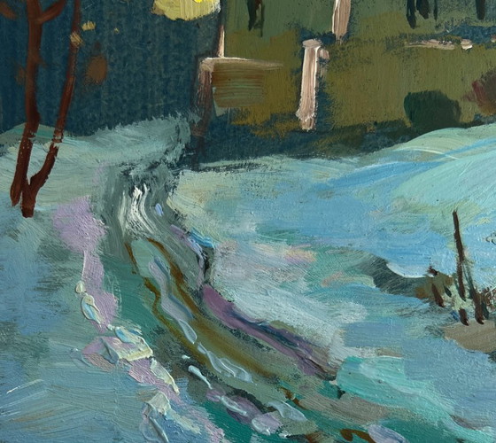 Image 1 of Original Oil Painting Evening Winter Landscape Sunset behind the village