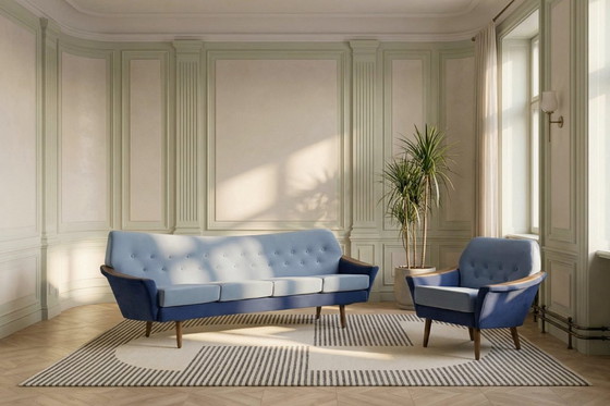 Image 1 of Vintage Mid-Century Scandinavian Modern Blue Velvet Living Room Set by Holm Fabriker AB, Set of 2, 1960s