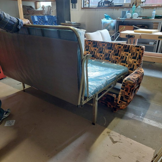 Vintage 70s Italian Design Sofa Bed – Geometric Velour – Textile (photo 10 of 11)
