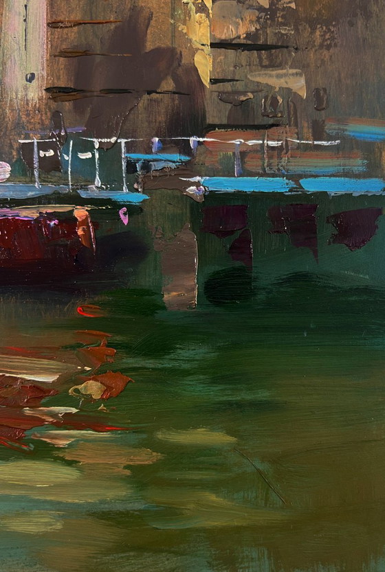 Original Oil Painting Urban Landscape Architecture River Pier City Sailboats – Paintings & Drawings, Mdf (photo 8 of 9)