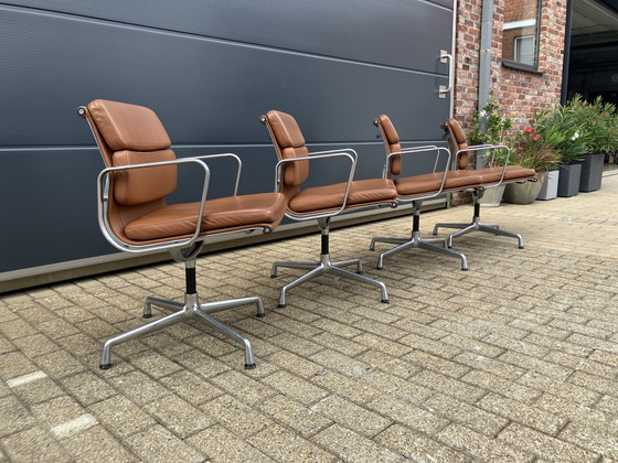 Image 1 of 4x Cognac Leather Vitra Office Chairs EA108 Softpad Swivel