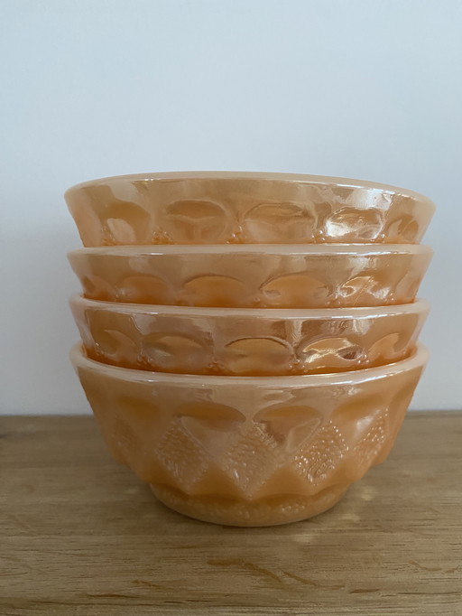 Vintage Fire King melkglazen Kimberly Peach Luster ontbijtkommenset