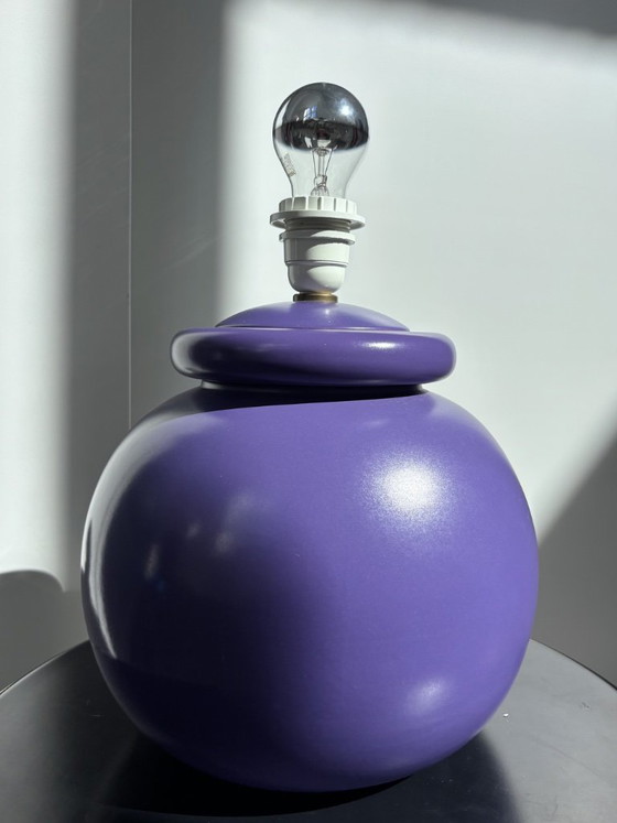 Postmodern Kostka France Table Lamp (Purple, 1980s) with Vintage Moiré Shade – Ceramic (photo 5 of 14)