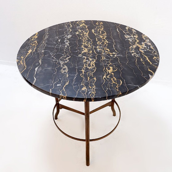 Image 1 of Portoro" pedestal table / Side table in metal with marble top