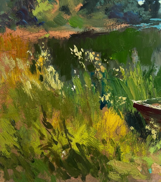 Image 1 of Original Oil Painting Summer Nature Landscape The rain is approaching the river