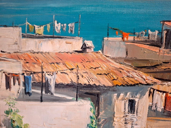 Image 1 of V. Berbegal. Oil on canvas painting + Ibiza postcard, artist reference - ca. 1980. Decoration