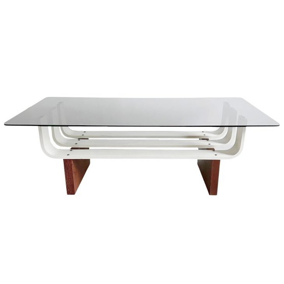 Image 1 of Vintage mid-century Space age salontafel teak rookglas 1970's