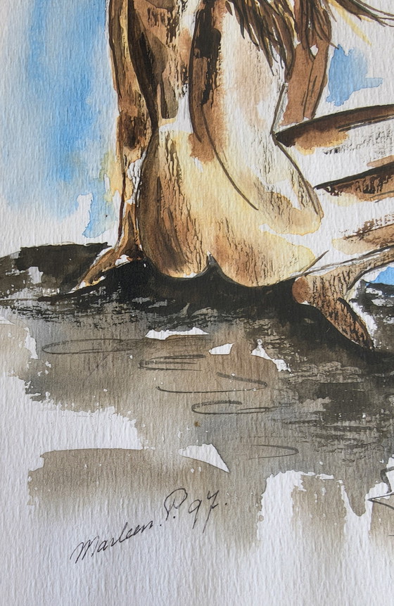 Image 1 of Pastel painting of a naked girl by the sea.