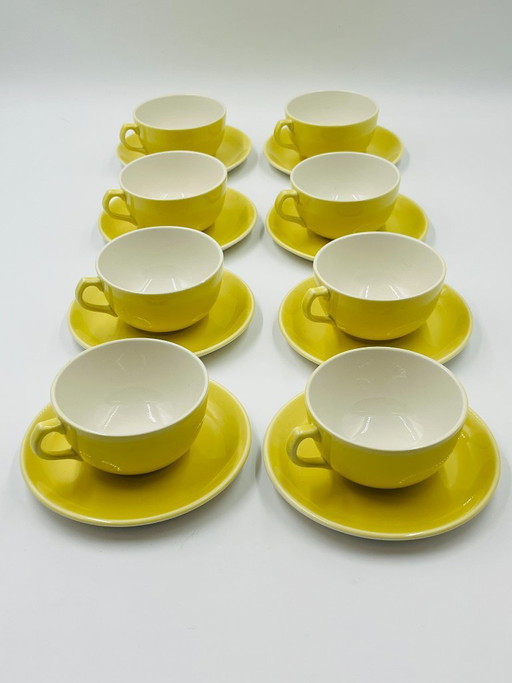 Set di 8 tazze e piattini vintage Boch Frères, gialli