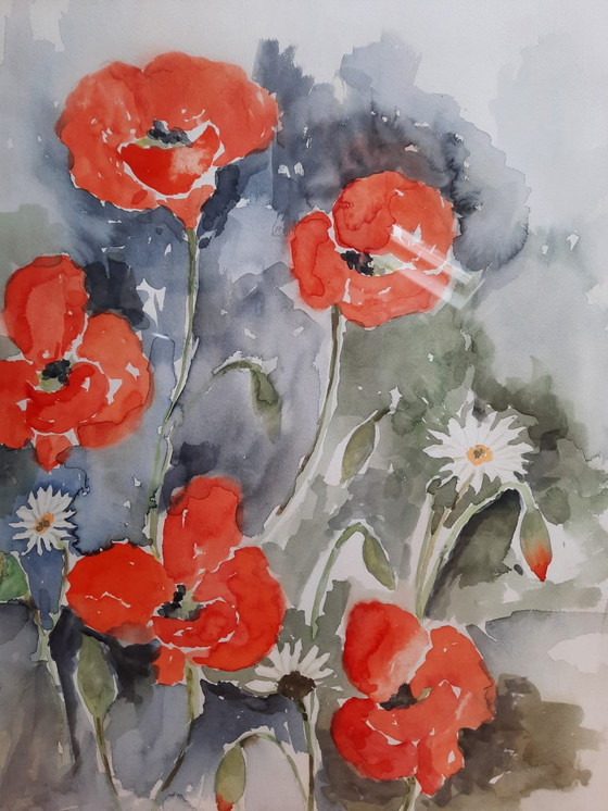 Image 1 of Watercolor with poppy motif