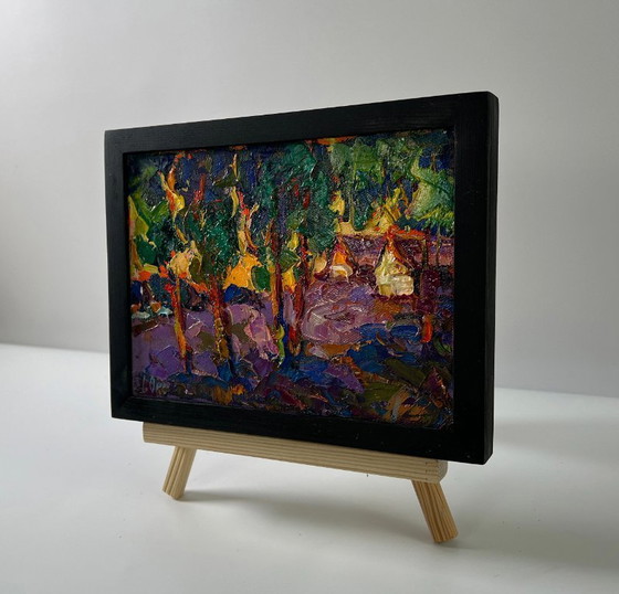 Original Oil Painting Evening Village Landscape Orange Sunset behind the Trees – Paintings & Drawings, Canvas (photo 2 of 8)