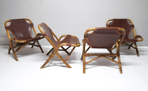 Ensemble de quatre fauteuils en bambou Mid Century Modern, Espagne, 1960