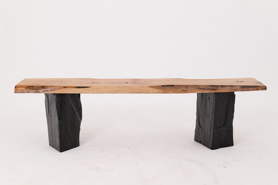 Image 1 of Live Edge Solid Wood Bench with Charred Legs, Organic Modern by Logniture