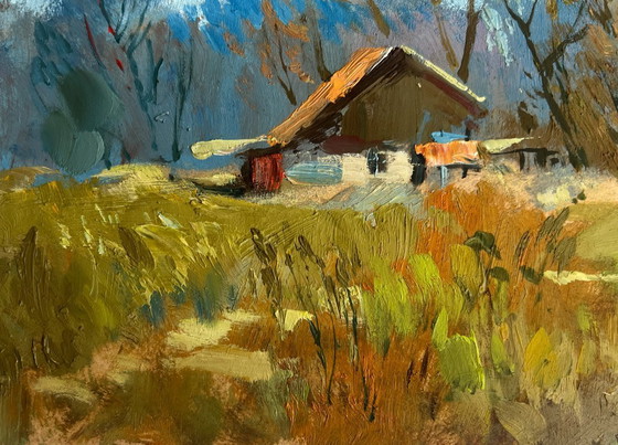 Image 1 of Dipinto ad olio originale Paesaggio autunnale di un villaggio Sto tornando a casa