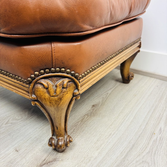 Image 1 of Vintage Queen Anne leather footstool with cabriole legs