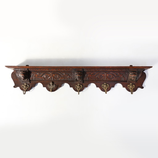 French Baroque Coat Rack of Carved Oak with Copper Hooks