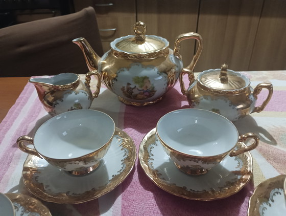 Image 1 of Vintage Bavaria Tea Service - 24K Gold Porcelain and Galanti Scenes, 15-Piece Set.