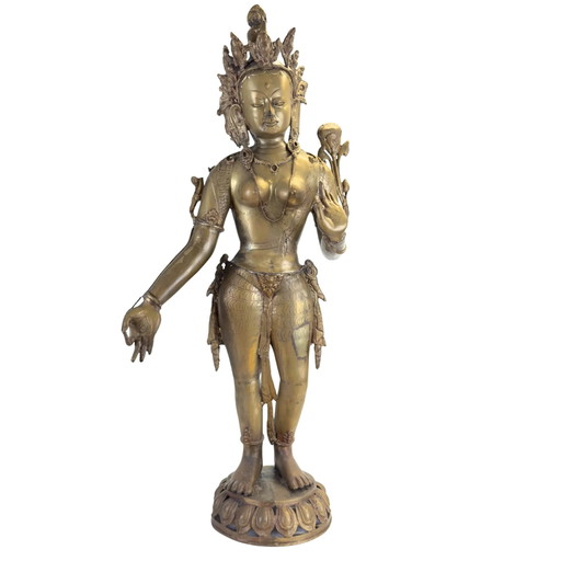 Antigua Green Tara nepalesa – bronce dorado al fuego, tradición Newar, siglo XIX, H 100 cm, 15.2 kg.
