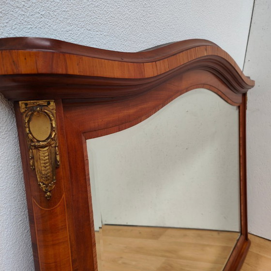 Image 1 of Antique mahogany facet-cut mirror, country-style mantel mirror with brass details.