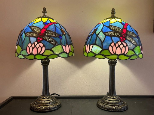 Set of 2 stained glass Tiffany style table lamps art nouveau style