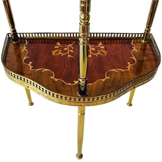 Image 1 of Console italienne mid Century demi-lune en bois marqueté laiton
