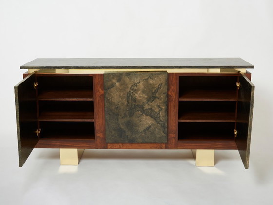 Image 1 of Belgian brutalist rosewood resin and brass sideboard 1970