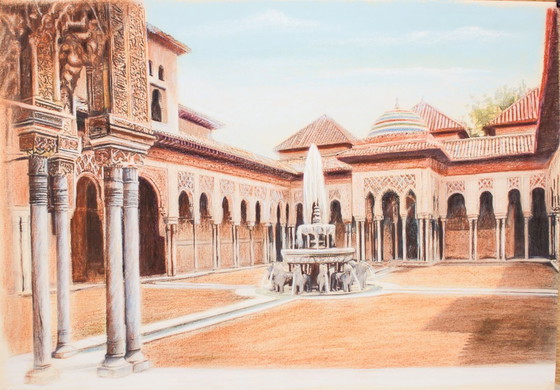Image 1 of Drawing of the Alhambra. Court of the Lions. Alhambra painting. Painting of the Court of the Lions. New.