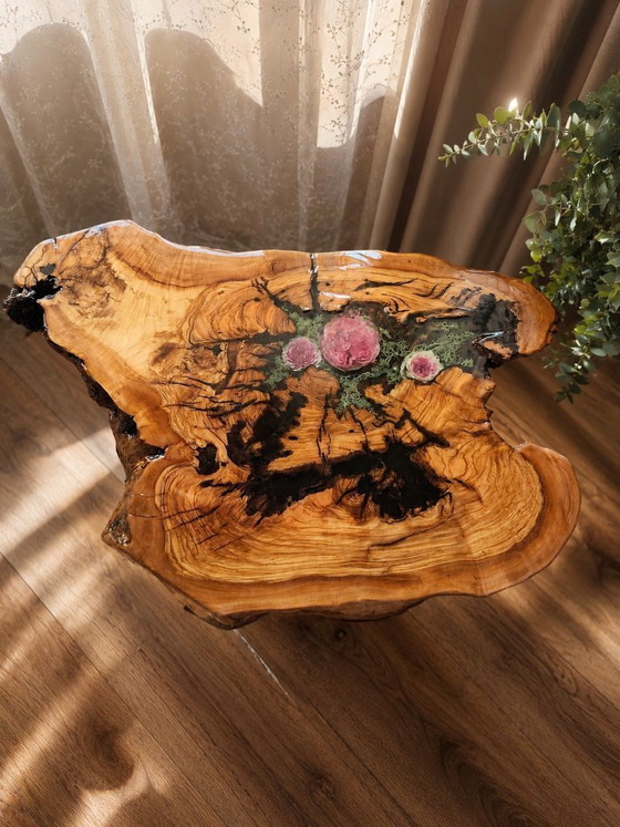 Image 1 of Handcrafted Olive Wood Epoxy Side Table with Real Flowers – Live Edge Rustic Coffee Table – Unique Resin Accent Table