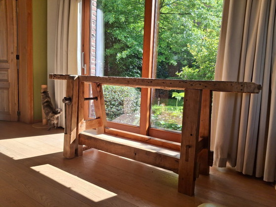 Mooie Gerestaureerde Antieke Werkbank – Consoles, Metal, Wood (photo 10 of 10)
