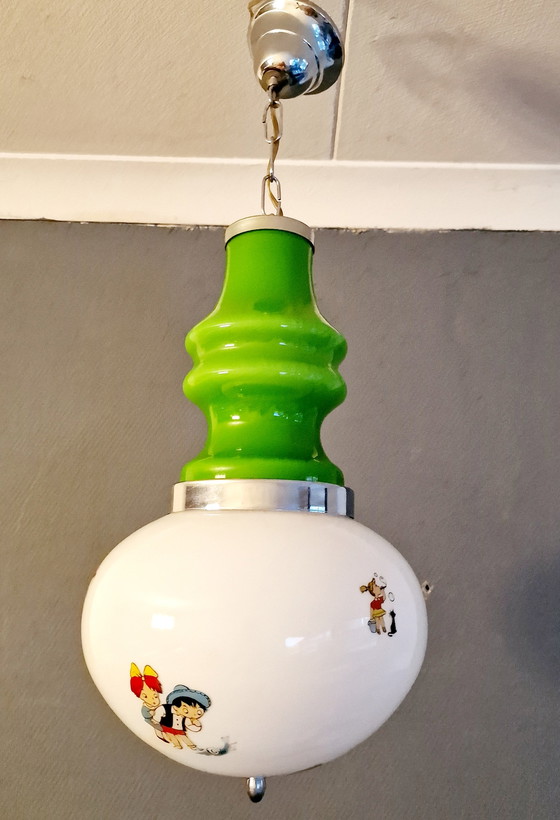 Image 1 of Lampada a sospensione vintage XL in vetro bianco verde per bambini