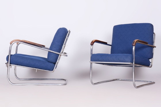 Origineel Bauhaus-paar fauteuils, verchroomd staal, Zwitserland, jaren 1930 – SAB Prague, Metal, Textile (photo 17 of 18)