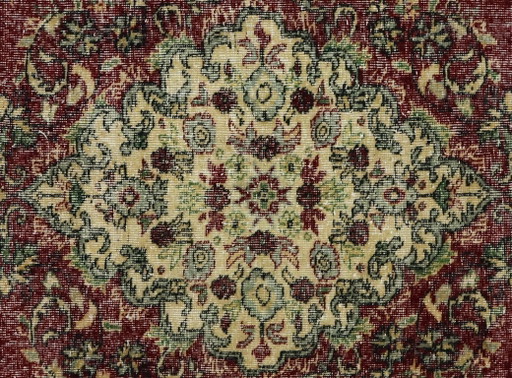 Tappeto turco vintage Oushak 254 × 130 cm – Tappeto in lana con medaglione color bordeaux (photo 2 of 10)