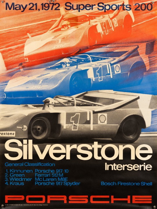 Porsche Silverstone Interserie 1972 – Póster original vintage de Porsche de Atelier Strenger – Estilo moderno de mediados de sig