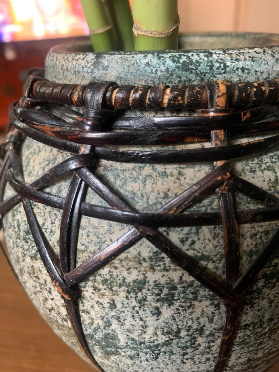 Antique Japanese Stoneware and Braided Bamboo Vase - Wabi-Sabi / Mingei Style, Ceramic, Multi Color (photo 8 of 10)