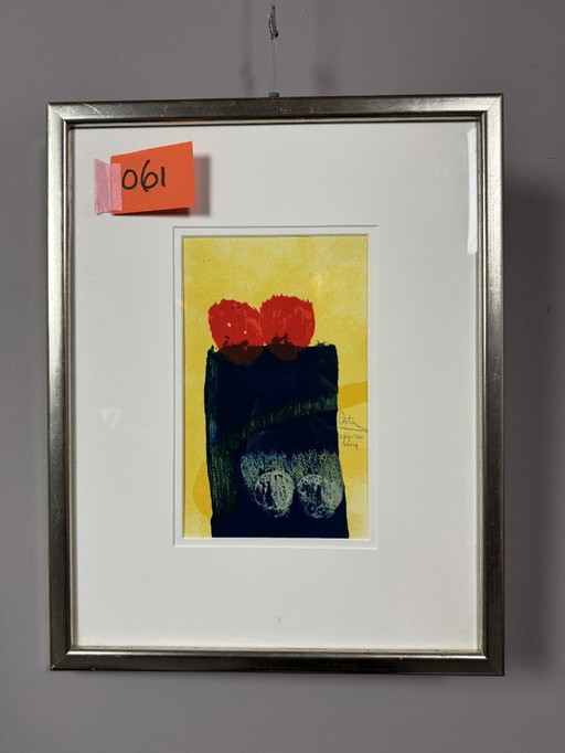 Composition abstraite en rouge, jaune et bleu par Arty Grimm, sérigraphie, 2004.