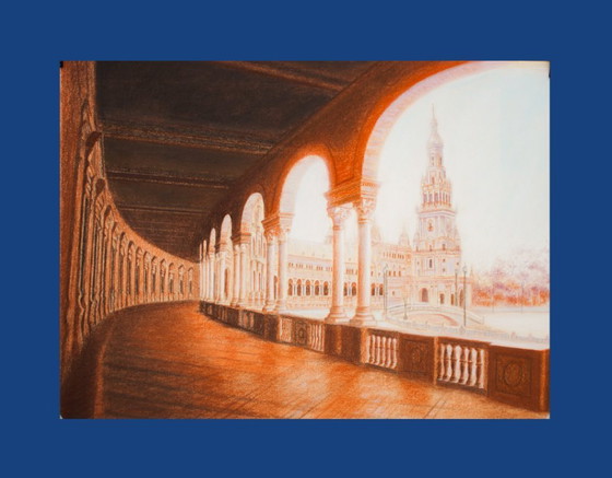Image 1 of Painting of Plaza de España in Seville. Drawing of Plaza de España in Seville. Seville Painting. New.