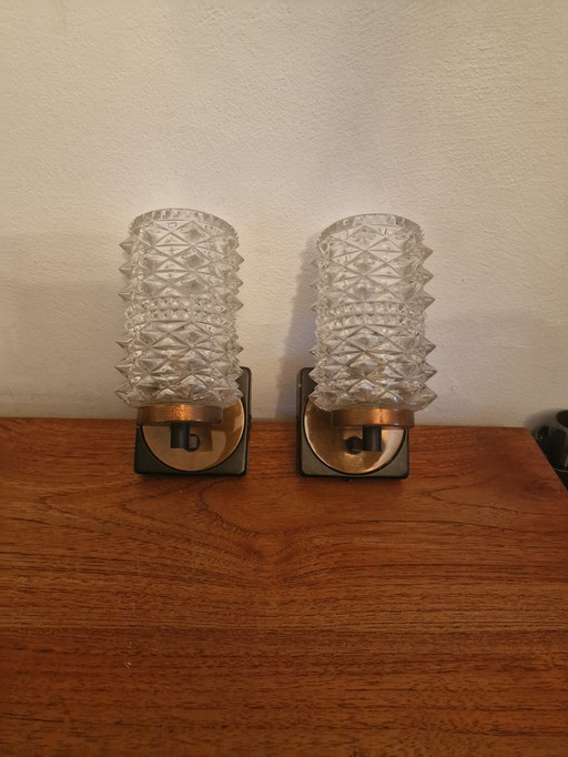 2 lampade da parete vintage in vetro e ottone