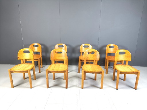 Sillas de comedor vintage de madera de pino, década de 1980, juego de 8