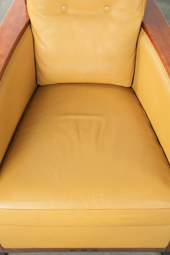 Image 1 of 2 x Prachtige gele rundleren Art Deco design fauteuil van Schuitema, model Frank, uit de Decoforma serie