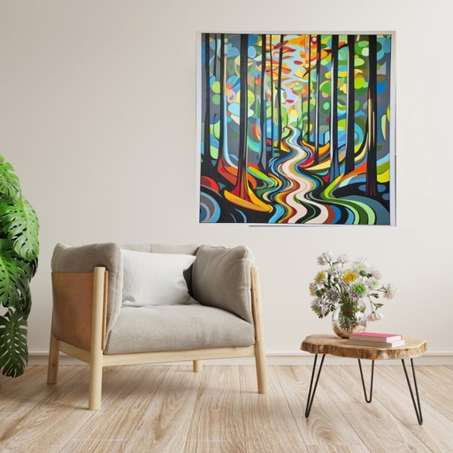 Paysage forestier abstrait et coloré - "Derrière les arbres" par Franklin van Dam - Acrylique sur MDF - 95 x 95 cm