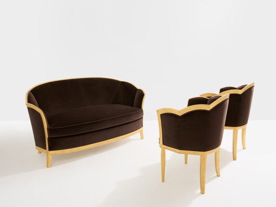 Image 1 of Maurice Dufrène giltwood brown velvet sofa circa 1925